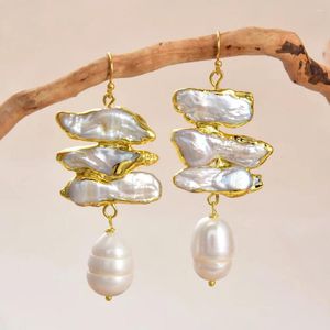 Dangle Earrings White Keshi Biwa Pearl Rice Gold Plated Hook