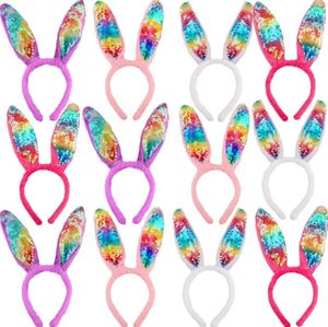 Rainbow Sequin Bunny Ears Headband For Girls Women Easter Birthday Party Rabbit Plush Hair Bands