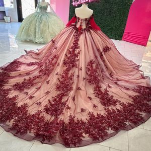 حمراء لامعة ثلاثية الأبعاد الزهور قبالة ثوب كرة الكتف فساتين Quinceanera زين الخرز Tull Lace Up Sweet 16 Dress Vestidos de 15 Anos