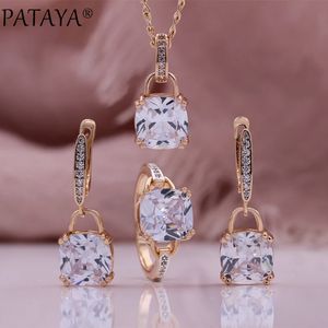 Pataya Trend Woman Gift 585 Rose Gold Color Earrings Ring Pendant Halsband Set Square White Natural Zircon Fashion Smycken 240115