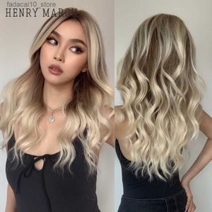 Synthetic Wigs HENRY MARGU Ombre Brown Blonde Lace Wig Natural Long Wavy Colored Synthetic Hair Wig for Women 13*1 T Part Heat Resistant Fiber Q240115