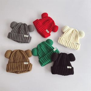 Berets 50-55 Cm 2024 Autumn And Winter Thick Needle Pointed Big Wool Ball Boys Girls Cartoon Bear Warm Knitted Hat Baby Beanie