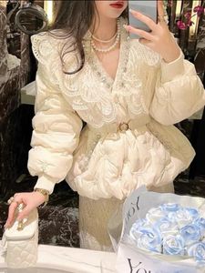 여자 트렌치 코트 겨울 자켓 다이아몬드 인레이 파카 여성 한국 달콤한 무거운 라인 스톤 레이스 칼라 슬림 한 따뜻한 다운 코튼 패딩
