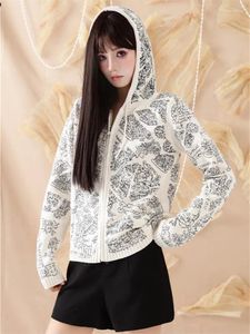 Women's Knits Abstract Pattern Embroidered Drawstring Hooded Knit Jacket Coat Autumn Winter Women Streetwear Slim Sweater Cardigan Girl 6279