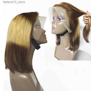 Synthetische Perücken 13x4 gerade kurze Bob-Perücke Highlight Ombre transparente Spitze-Frontal-Menschenhaar-Perücken für Frauen Farbe #T4/27/4 Highlight-Spitze-Perücke Q240115