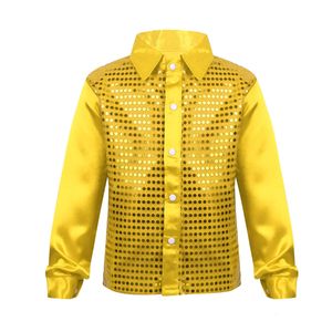 Kids Shiny Sequins Dance Shirt Boys Students Performance Costume Children Hip-hop Jazz Dance Sequined Shirt Stage Dance Blouse 240113