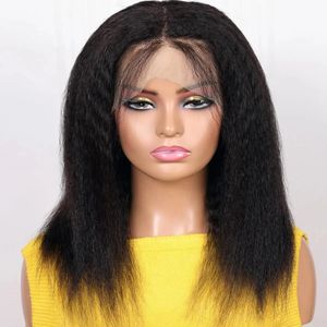 Synthetic Soft Yaki Preplucked Middle Part Short Bob 16Inch 180Density Kinky Straight Lace Front Wig With Baby Hair Glueless240115