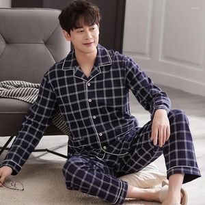 Mens Sleepwear Big Size M-4XL Spring och Autumn Men Pyjamas Set Cotton Long Sleeve Mane Turn-Down Collar Plaid Pijama