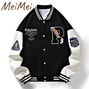 Letter P Trendy Baseball Coat Color Matching Striped Standup Collar Mens Jacket Retro Armband Personalized for Men 240113