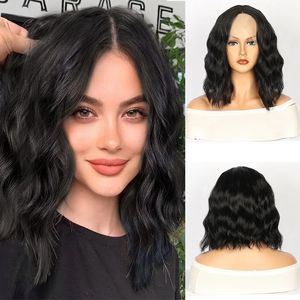 Water Ripple Front Lace Middle Part Natural Heat Resistant Wig Daily Party Use Full Head Cover Black Short Roll Synthetic Wig240115