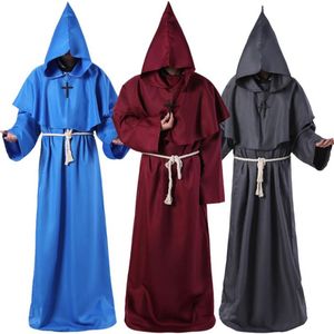 Medeltida Monk Clothes Theme Costume Wizard Priest Death Robe Cosplay Rollspel Halloween kostymer med midjelinje och Cross Pendan2325