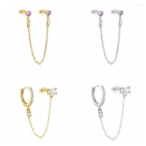 Stud Earrings AIDE 925 Sterling Silver Double Pierced For Women Heart Shaped Purple White Cz Chain Tassel Earring Pendientes