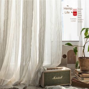 Japanese type contracted cotton linen stripe sheer Curtain for balcony tulle shade kitchen bedroom sitting room Curtain 240115