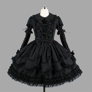 Themenkostüm Maßgeschneidertes klassisches schwarzes Baumwoll-Lolita-Kleid mit langen Ärmeln und abnehmbarem mehrlagigem Cosplay-Kostüm für Mädchen298C