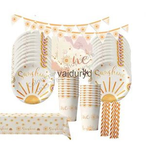 Louça descartável Boho Sun 1 ano Festa de aniversário Talheres Pratos de papel Copo Guardanapo Luz do sol Primeira viagem ao redor do sol Suprimentos para festas de chá de bebêvaiduryd