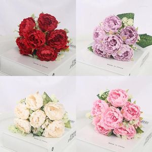 Decorative Flowers 6 Big Head Pink Silk Peony Artificial Flower Rose Wedding Home DIY Decoration High Quality Large Bouquet Foam Accessories