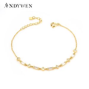 Andywen 925 Sterling Silver Gold Zircon Charm Chain Armband Pulsera de Cadena Janet Cristal Oro Women Wedding Jewelry240115