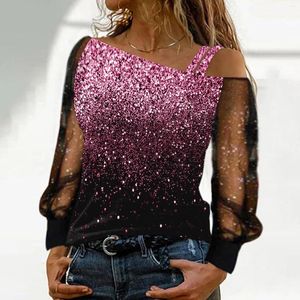 Women's Blouses Sequin Mesh Cold Shoulder Blouse Tops Splice T-Shirt Long Sleeves Loose Women Shirts Casual Shiny Glitter Clothing Tunic