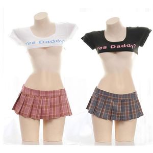 Uniformi da scolaretta sexy Lingerie impertinente Pieghe scozzesi Mezzo seno Sì Papà Lettera Stampa Top Minigonna cosplay erotica per Sex341a