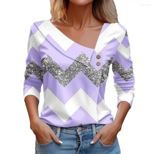 Kvinnors blusar Summer T-shirt Oblique V Neck Shiny Sequin Color Block Lång ärm Löst Pullover Casual Top