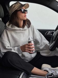 Classic Small Letter Print Sweatshirt Top White Gray Velvet Womens Loose Hooded For Autumn Winter Hoodies 240115