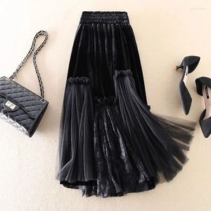 Kjolar franska vintage svart veckad halv längd 2024 Höst i mitten hög midja a-line kjol skarvt paraply