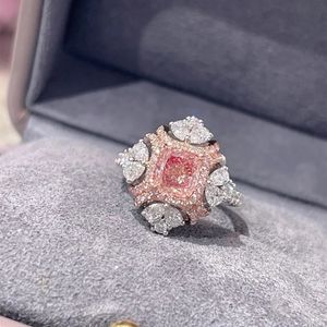 Luxury Female Big Square Pink Crystal Ring Necklace Chains Shiny Zircon Wedding Engagement Bridal Korea Fashion Jewelry 240115