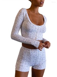 Women's T Shirts Women Y2k Floral Pajama Set Ribbed Long Sleeve Crop Top And Shorts 2 Piece Outfits Nightwear Lounge