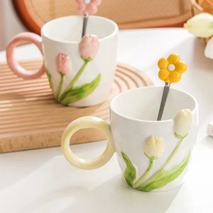 Creative Ceramic Mugs Household Cute Water Bottles High Value Tulip Large Capacity Cup Breakfast Coffee Cups 240115