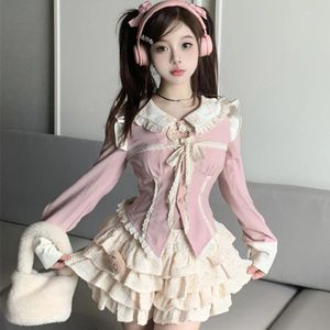 Vestidos de trabalho rosa kawaii lolita 2 peças conjunto feminino doce manga longa blusas bonito mini saia plissada estilo japonês terno de festa à noite