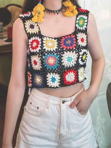 2023 Summer Women's Hollow Hole Tank Top Sweet Flower Printed Handmade Hooked Brodery Colorful Wild Fashion Sticked Navy Blue Tank Top 240115