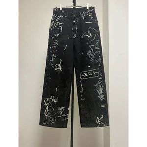2024 novo designer das mulheres jeans graffiti cintura alta solta casual preto calças jeans retas moda streetwear Thekhoi-12 cxg984