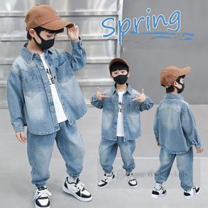 Fashion boys denim clothes sets kids lapel long sleeve shirt elastic rib ankers jeans 2pcs 2024 spring children casual cowboy outfits Z6717