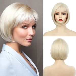 Short straight hair light blonde bob wig Fluffy fringe chemical fiber synthetic head cover women fashion daily party use240115