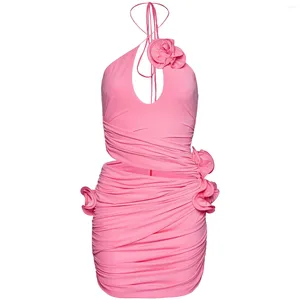 Lässige Kleider, gerüschtes Stretch-Jersey-Kleid, Neckholder, rosa Satin-Blumen, offener Rücken, Damenbekleidung, maßgeschneidertes Mini-Bodycon