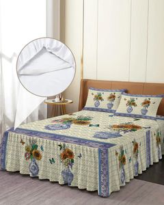 ベッドスカート青と白の磁器蝶のレトロな花装着枕カバーマットレスカバーベッドセットシート付きベッドカバー
