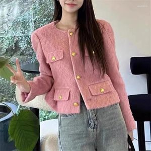 Kurtki damskie High Street 2024 Fashion Fall Winter Womens O-Neck Full Rleeve Metal Botton Faux Fur Bawic Casual Pink Short Jacket