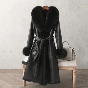 New Real Double Face Rabbit Fur Coat Women's Mid-Length Winter Close-Fitting Leather Fox Furs Collar Cuffs Fur Garments