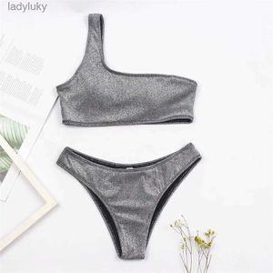 Swim Wear One Shoulder Women Sexig Bikini Set Biquini Ladies Blingbling Swimsuit Female Two Piece Glitter Solid Color Swimwear Bathing Suitl240115