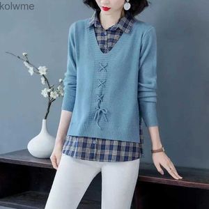 Kadın Ceketleri Şık Düğmesi Eklenmiş Dantel Yukarı Sahte İki Parça Kafes Bluz Kadın Giysileri 2022 Sonbahar Yeni Gündelik Kakiller Giderlik Gömlek YQ240115