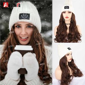 Perucas sintéticas chapéu peruca longo ondulado para mulheres de malha quente outono inverno boné cabelo naturalmente conectar q240115