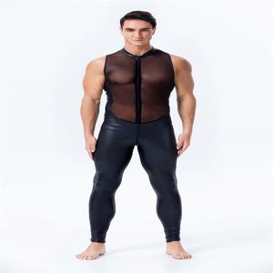 Ny designmän faux läder jumpsuit sexig mesh stretch catsuit ärmlös se genom bodysuit manlig blixtlås öppen gren clubwear230q