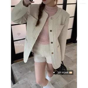 Fatos femininos Gkyocq Coreano Moda Mulheres Dois Peça Define Outfit Elegante O Pescoço Único Breasted Tweed Casaco Alto Cintura Shorts Terno Feminino