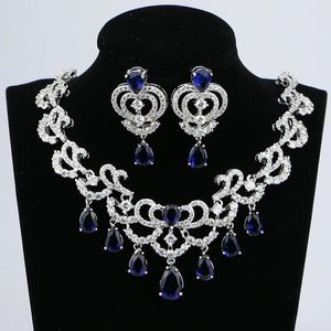 Necklaces Water Drop Blue Cubic Zirconia White Cz Sier Jewelry Set Christmas Gift for Women Wedding Necklace/earrings