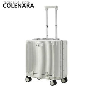 Suitcases COLENARA 18Inch Cabin Luggage Small Boarding Box Multifunctional Front Opening Laptop Aluminum Frame Trolley Case PC Suitcase Q240115