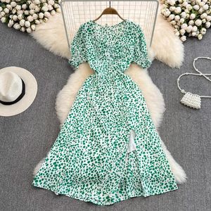 Party Dresses Gentle Wind Bubble Sleeves Close The Waist To Show Thin V-neck Floral Chiffon Dress Elegant Temperament Long Summer