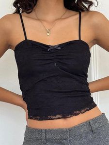 Women's Tanks Women Lace Ruched Camisole Y2K Vintage Summer Sleeveless Camis Vest Backless Bow Slim Fit Solid Color Crop Tops For Club Party