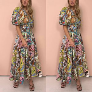 Australisk designer Fancy Womens Long Dress Abstrakt mönster samlade midja ärmlöst linne positionering Tryck Pullover Kort ärm V-hals svängklänning