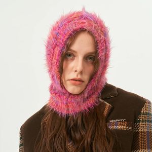 Vinterimitation mink pälsbalaclava hatt unisex stickade huva mössor utomhus varm hals krage mössa mössa för kvinnor 240113