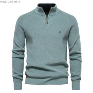 Mens Sweater Half High Neck Zipper Solid Elastic Slim Fit Long Sleeve Pullover Casual Business Men Knitted 240115